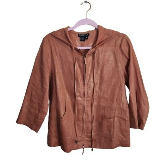 Jessica I Tops - Jessica I Peach Linen Hooded Full Zip Lightweight Jacket Metallic Sheen Size M